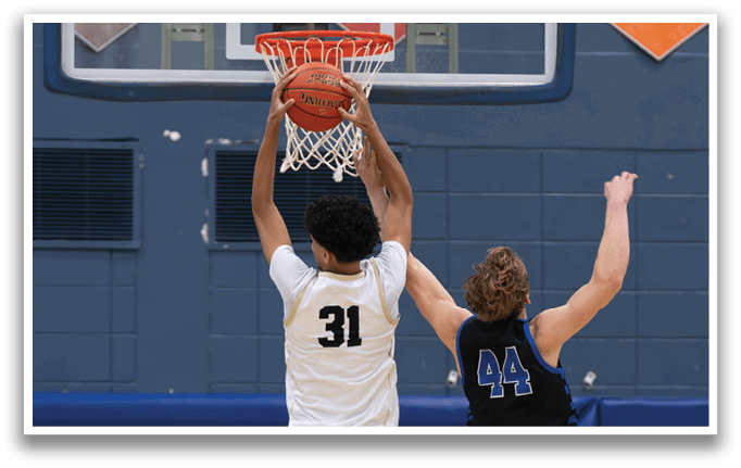 Two basketball players are leaping in the air to reach the basketball. AI generated content