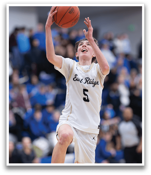 A basketball player wearing a white and gold uniform jumps to catch a basketball. AI generated content