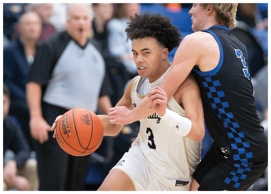 Two basketball players are fighting for the ball. AI generated content