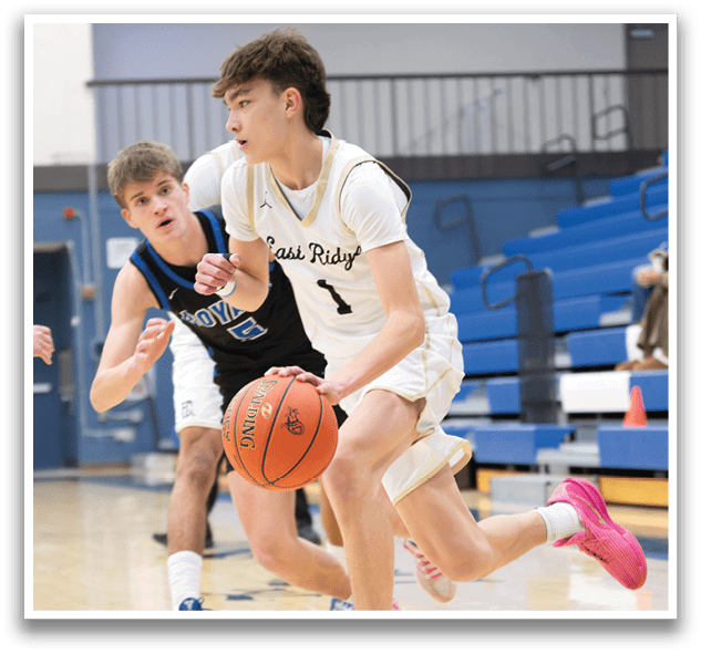 Two basketball players on a court, one holding a ball and the other trying to block him. AI generated content