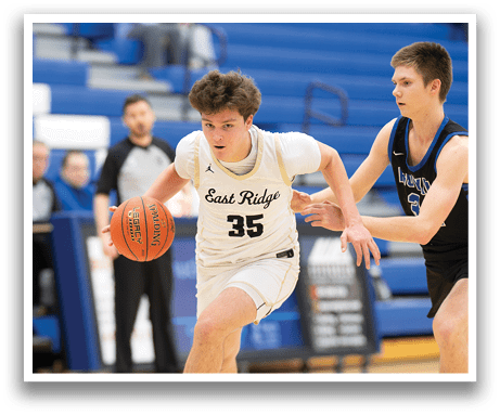 Two basketball players on a court, one holding a ball and the other trying to block him. AI generated content