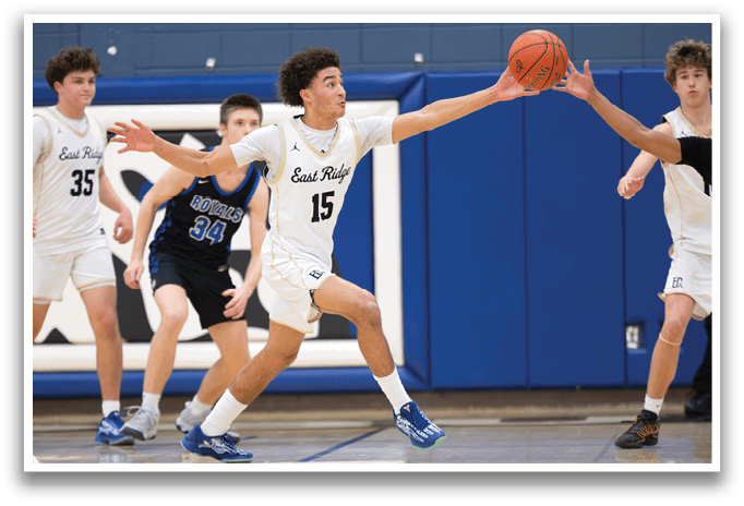 A basketball player in a white uniform is trying to block a shot. AI generated content