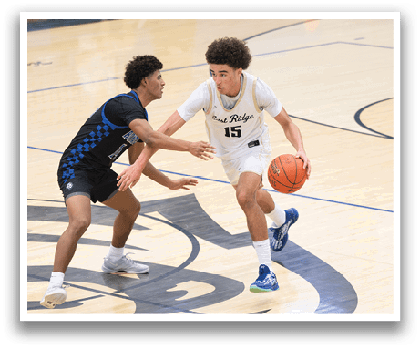 Two basketball players on a court, one with a blue shirt and the other with a white shirt. The player in the white shirt is holding a basketball. AI generated content