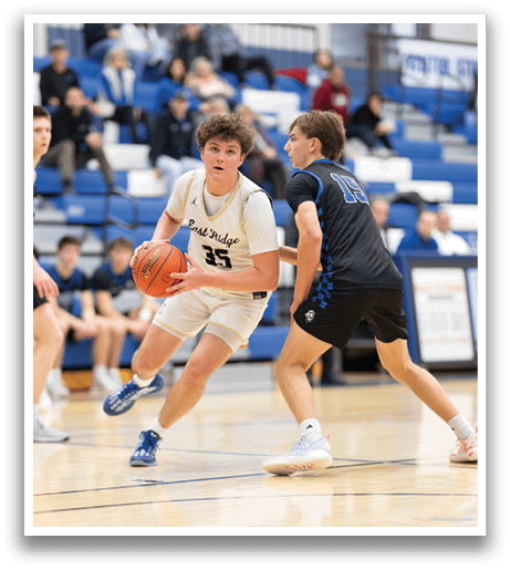 Two basketball players on a court, one holding a ball and the other trying to block him. AI generated content