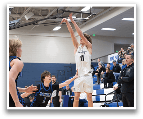 A basketball player leaps in the air to shoot the ball. AI generated content