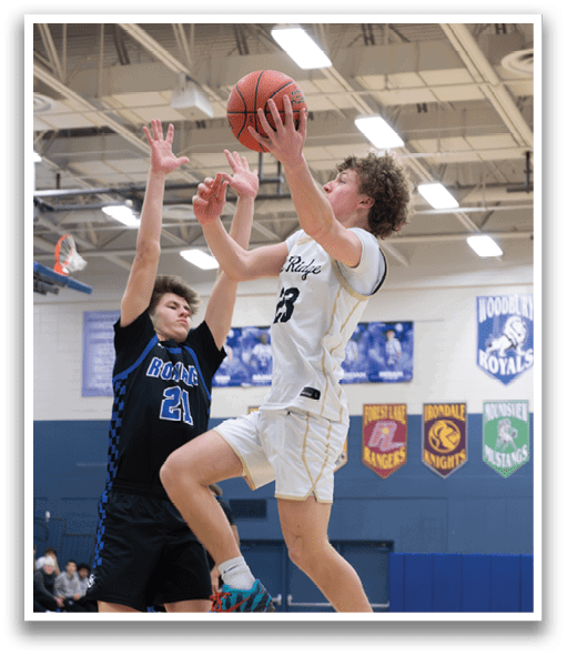 Two basketball players are jumping for the ball, one wearing a blue jersey and the other wearing a white jersey. AI generated content