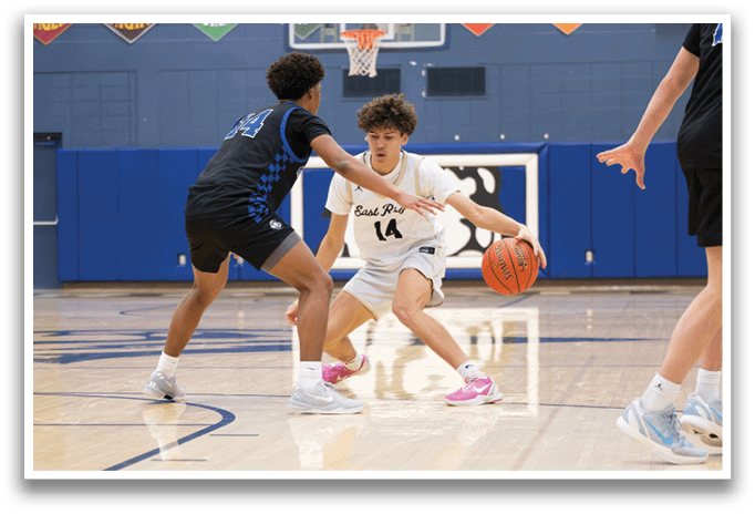 Two basketball players from different teams are fighting for the ball. AI generated content