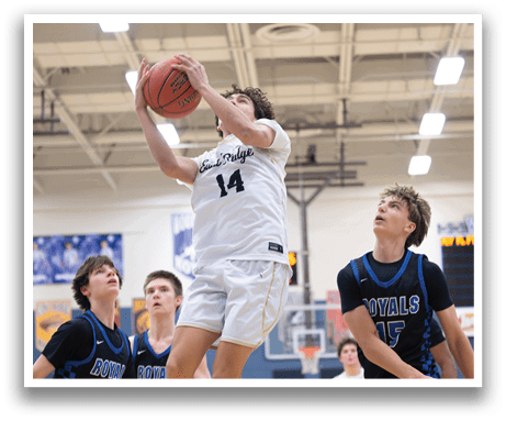 A basketball player jumps in the air to shoot the ball. AI generated content