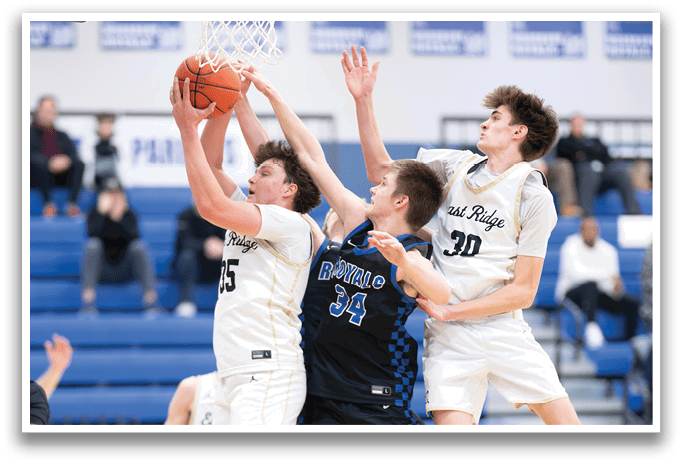 A group of men playing basketball, one player is jumping for the ball while others are trying to block him. AI generated content