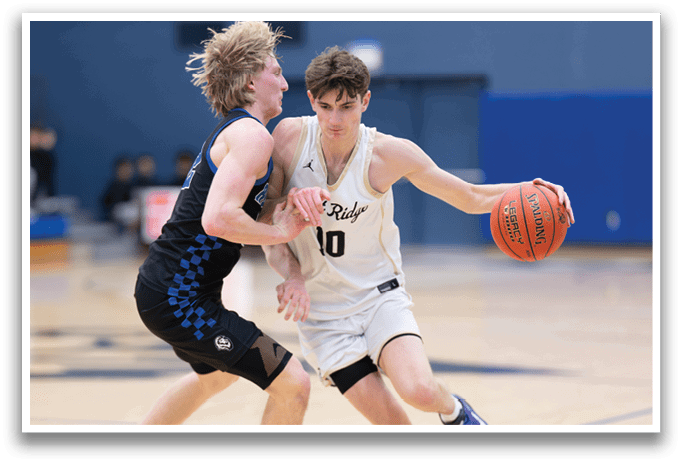 Two men are playing basketball on a court, one wearing a blue shirt and the other wearing a white shirt. The man in the white shirt is holding a basketball. AI generated content