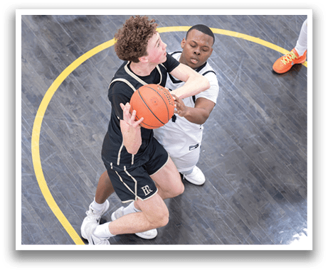 Two basketball players are fighting for the ball on the court. AI generated content