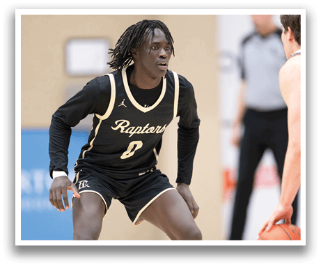 A basketball player wearing a Raptors jersey is on the court, ready to play. AI generated content