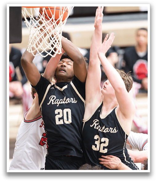 Two basketball players are fighting for a rebound, both reaching for the ball. AI generated content