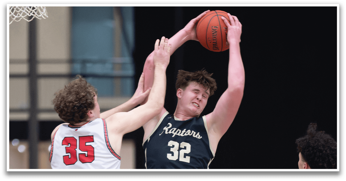 Two basketball players are jumping for the ball, with one player wearing a number 32 jersey. AI generated content