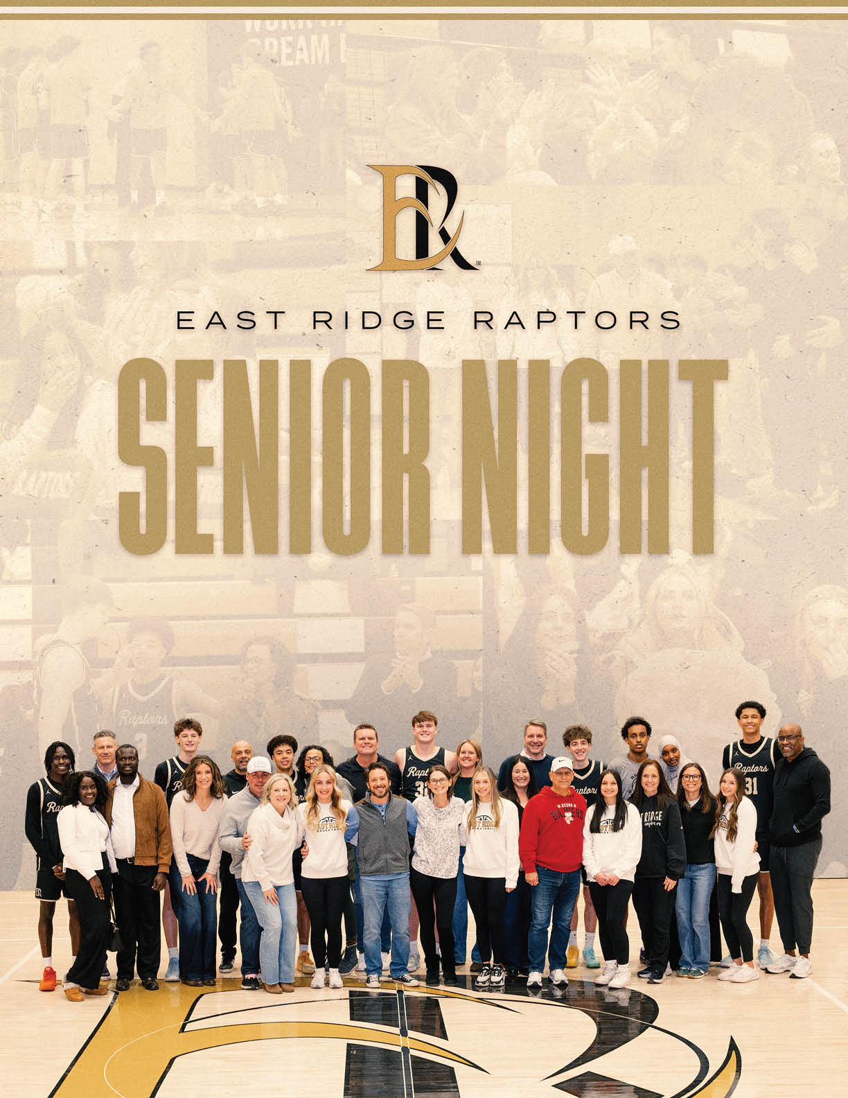 A group of people pose for a photo in front of a banner that says “East Ridge Raptors" and "Senior Night". AI generated content