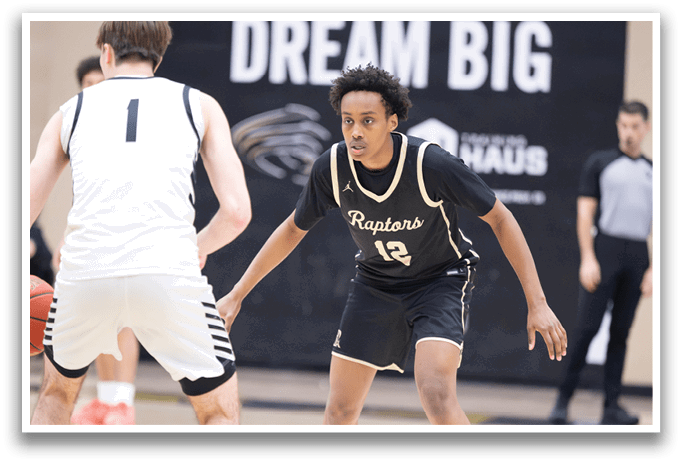 Two basketball players on a court, one wearing a Raptors jersey. AI generated content