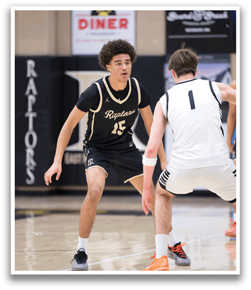 Two basketball players on the court, one wearing a Raptors jersey and the other wearing a white jersey. AI generated content