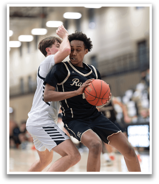Two basketball players are playing on a court, one holding a basketball and the other trying to block him. AI generated content
