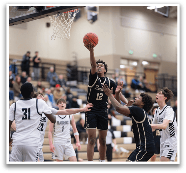 A basketball player is jumping to shoot the ball. AI generated content