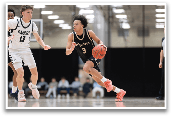 Two basketball players are running on the court, one with the ball and the other trying to catch up. AI generated content