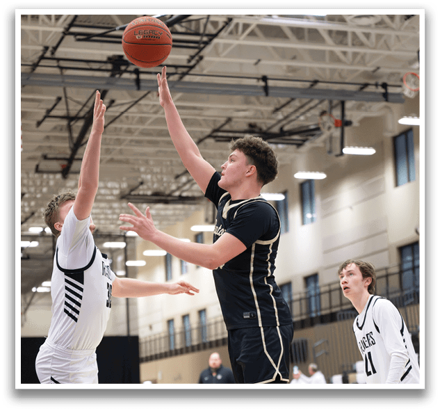 Two basketball players are jumping for the ball, one on the left and one on the right. The player on the left is wearing a white uniform, while the player on the right is wearing a black uniform. The basketball is in the air, and the players are reaching for it. There are also two other people in the background, one on the left and one on the right, who are watching the action. AI generated content