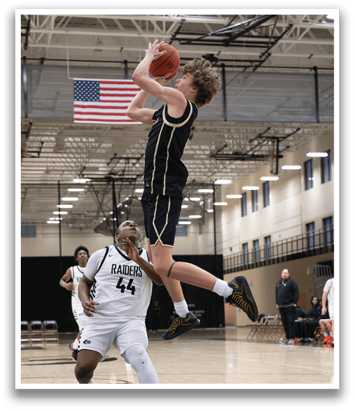 Two basketball players are playing in a gym. One player is jumping in the air to grab the ball, while the other player is trying to block the shot. AI generated content