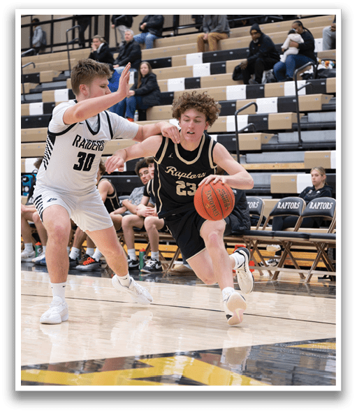 Two basketball players are running for the ball, one wearing a black jersey and the other wearing a white jersey. The white jersey player is trying to block the black jersey player from getting the ball. AI generated content