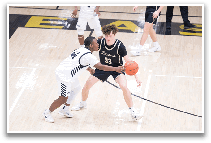 Two basketball players on a court, one with a ball and the other trying to block him. AI generated content