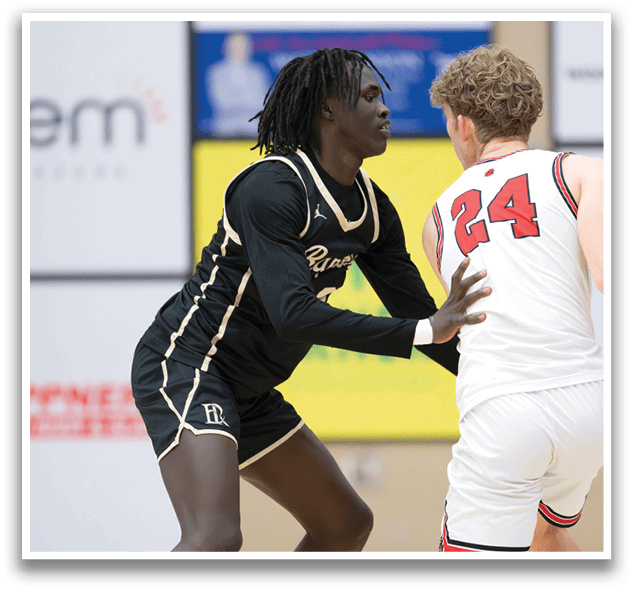 Two basketball players on the court, one wearing a black jersey and the other wearing a white jersey. AI generated content