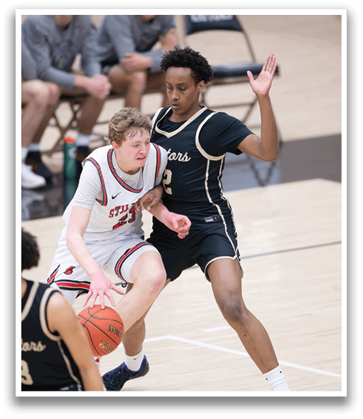 Two basketball players are on the court, one wearing a white jersey and the other wearing a black jersey. The white player is holding the ball and the black player is trying to block him. AI generated content