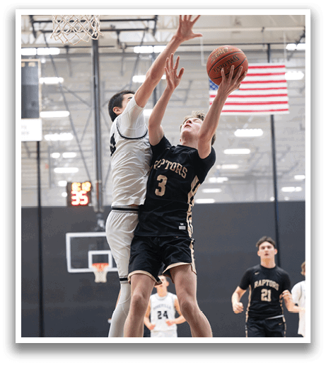 Two basketball players jumping for the ball, one wearing a black jersey with the number 3. AI generated content