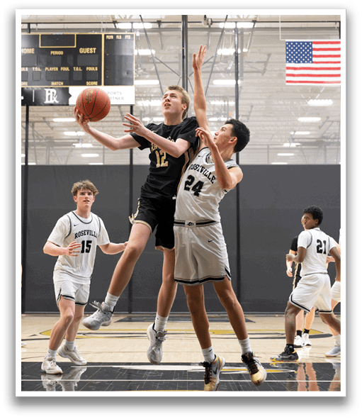 Basketball players on a court, one of them jumping to shoot the ball. AI generated content