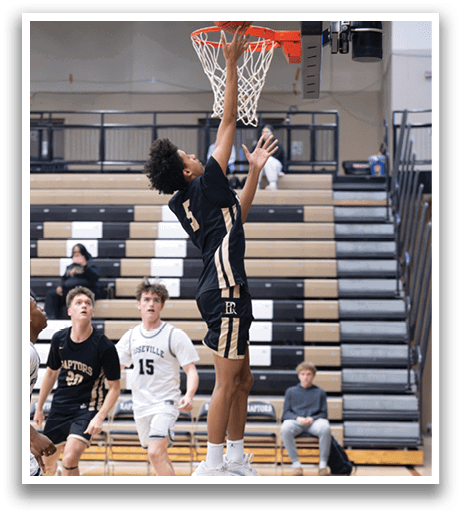A basketball player leaps into the air to dunk the ball. AI generated content