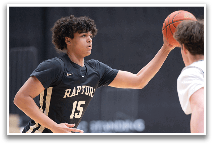 Two basketball players on a court, one holding a basketball. AI generated content