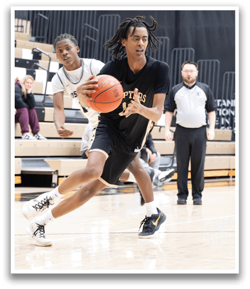 Two basketball players on a court, one holding a basketball. AI generated content