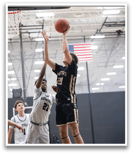 Two basketball players are jumping for the ball, one wearing a black jersey and the other wearing a white jersey. AI generated content