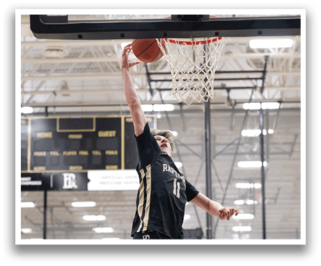 A basketball player jumps in the air to catch the ball. AI generated content