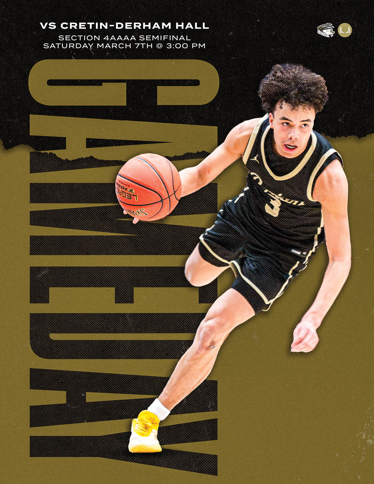 A basketball player wearing a black and gold uniform is holding a basketball. AI generated content