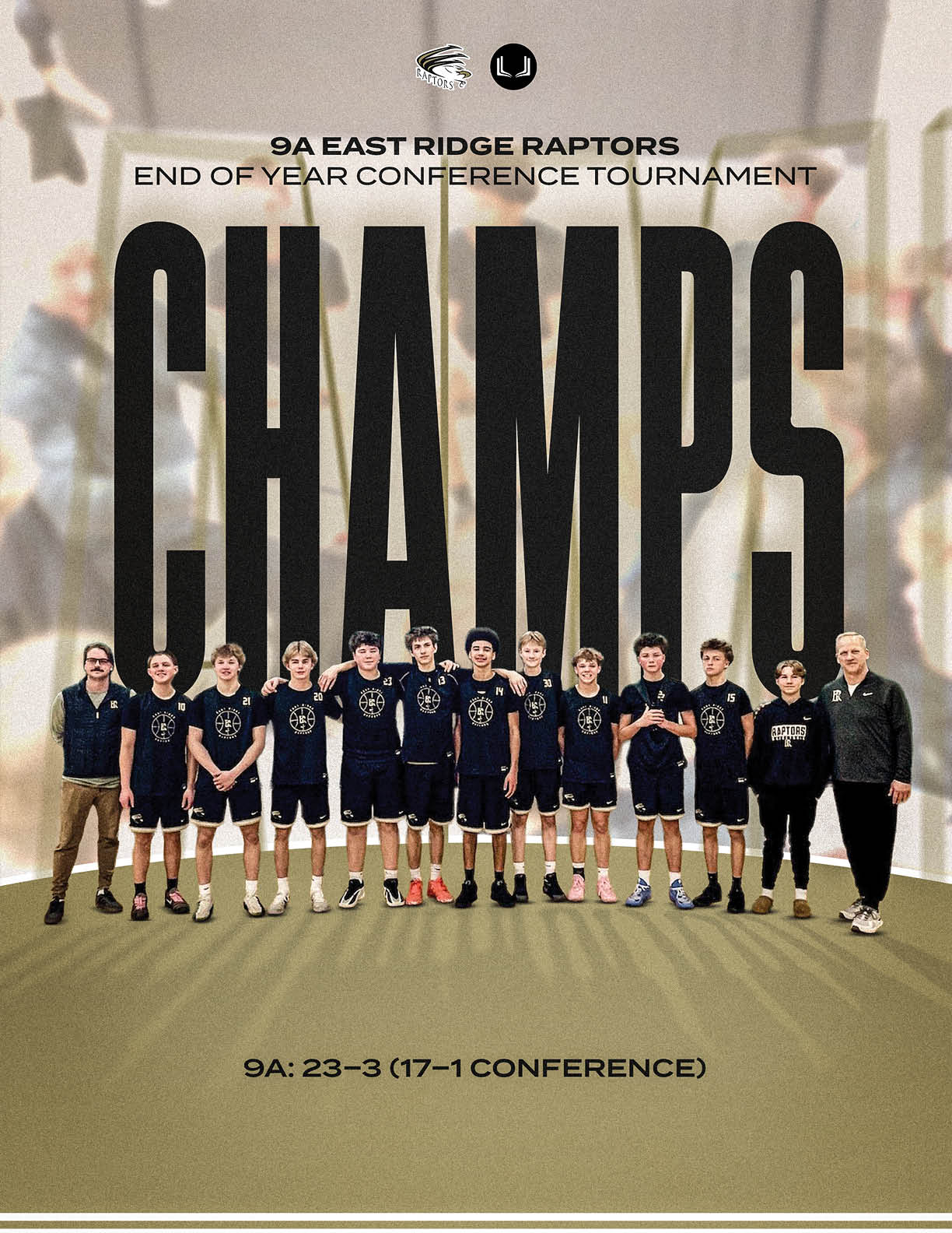 A group of young men pose for a picture in front of a banner that says “Champs." AI generated content