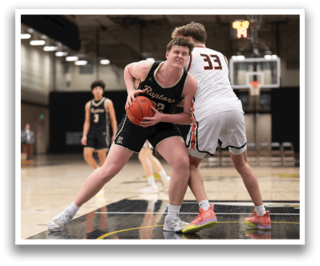 Two basketball players on a court, one holding a ball and the other trying to block him. AI generated content