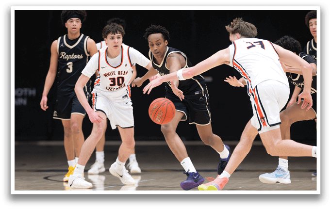 A group of basketball players on a court, one player is holding a basketball. AI generated content