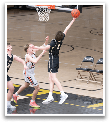 A basketball player is reaching for the ball while another player tries to block him. AI generated content