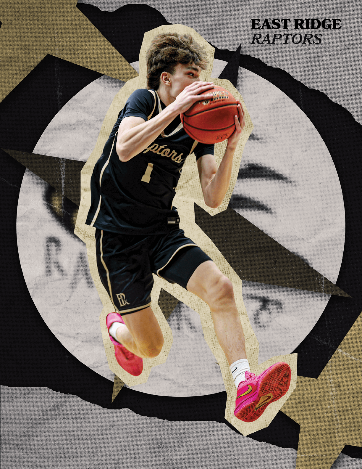A basketball player wearing a black jersey with the number 1 on it is jumping in the air to catch a basketball. AI generated content