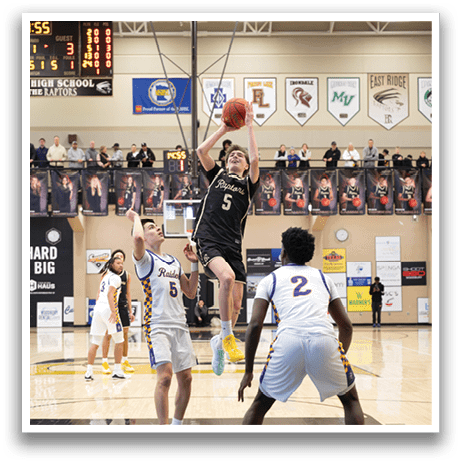 A basketball player leaps in the air to shoot the ball. AI generated content