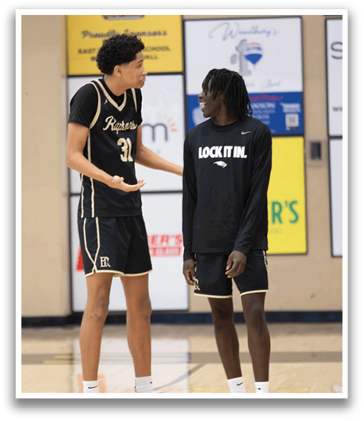 Two basketball players wearing black uniforms are standing on a basketball court. AI generated content