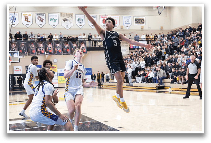 A basketball player leaps in the air to shoot the ball. AI generated content