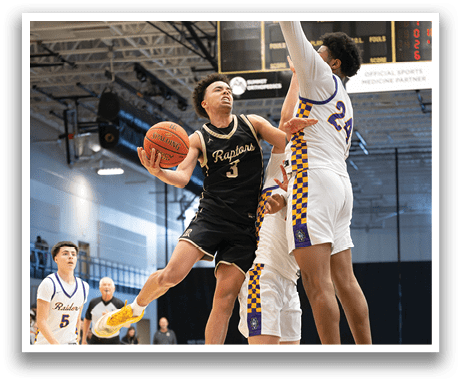 Two basketball players jumping for a rebound. AI generated content