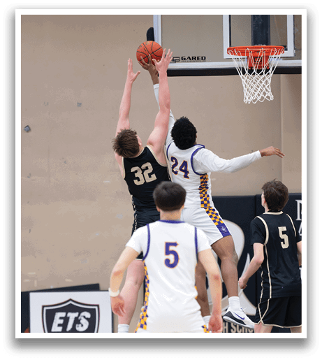 Two basketball players are leaping for the ball, one with the number 24 on his jersey. AI generated content