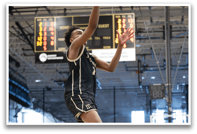A basketball player leaps in the air to catch a rebound. AI generated content