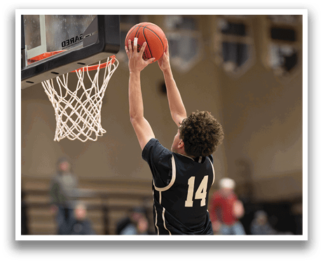 A basketball player is jumping to dunk the ball in a game. AI generated content